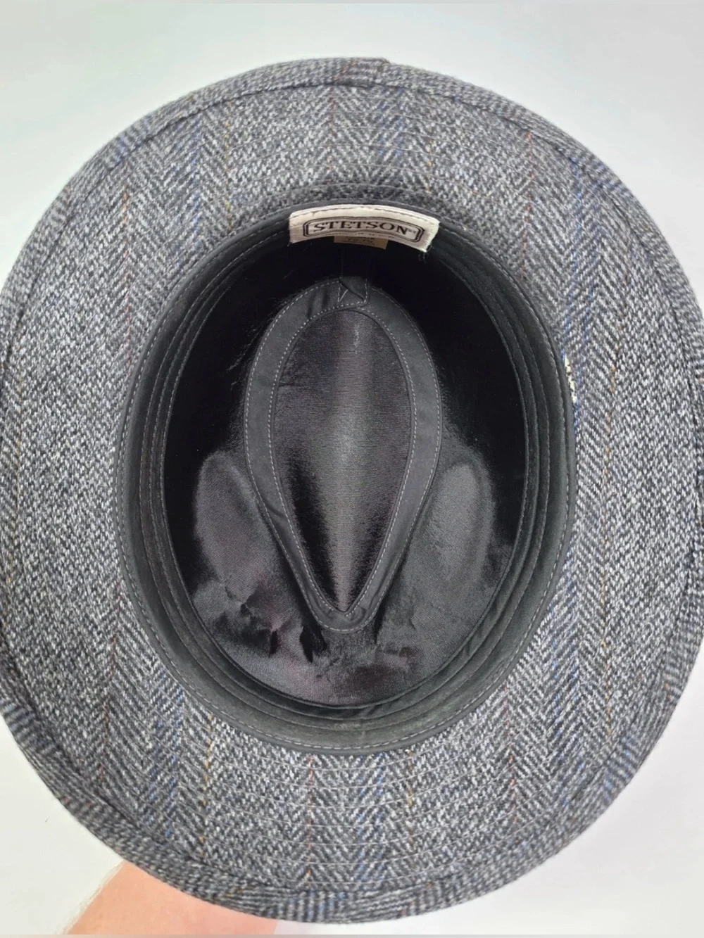 Vtg Stetson Mens Fedora Gray Tweed Herringbone Feather Made USA Large 7 1/4